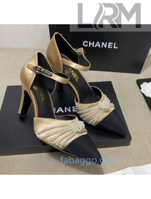 Chanel Satin Pearl Knot Pumps with Straps G36466 Gold 2020