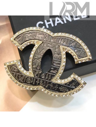 Chanel Vintage Textured Crystal Trim CC Brooch Black 2019