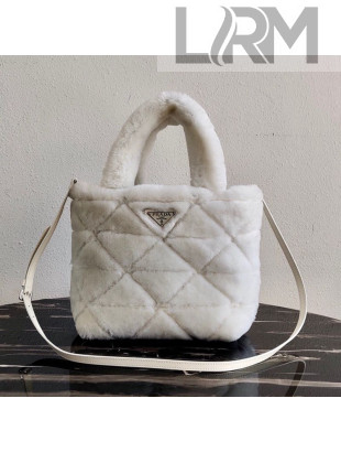 Prada Shearling Wool Tote Bag 1BG378 White 2021