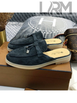 Loro Piana Tassel Suede Flat Mules Navy Blue 202038