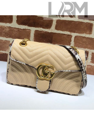 Gucci GG Marmont Raffia Small Shoulder Bag ‎443497 Beige/Cream White/Brown Snakeskin Trim 2019