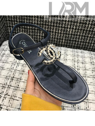 Chanel Lambskin Flat Thong Sandals with Chain CC Dark Blue 2021