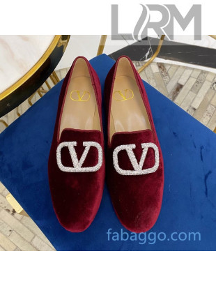 Valentino Garavani Crystal VLogo Velvet Flat Loafers Burgundy 2020