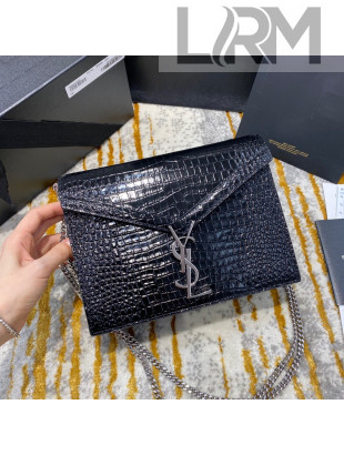 Saint Laurent Cassandra Monogram Clasp Shoulder Bag in Crocodile Embossed Leather 532750 Black/Silver 2020