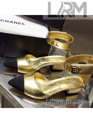 Chanel Lambskin Pumps with Golden Letters Strap Gold 2020