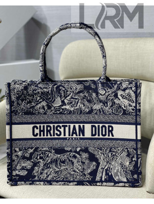 Dior Small Book Tote Bag in Navy Blue Toile de Jouy Reverse Embroidery 2021