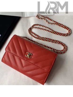 Chanel Lambskin Chevron Trendy CC Wallet with Chain Red 2018