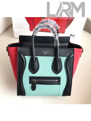 Celine Nano Luggage Handbag In Smooth/Grainy Calfskin Cyan/Black/Red 2020