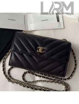 Chanel Lambskin Chevron Trendy CC Wallet with Chain Black 2018