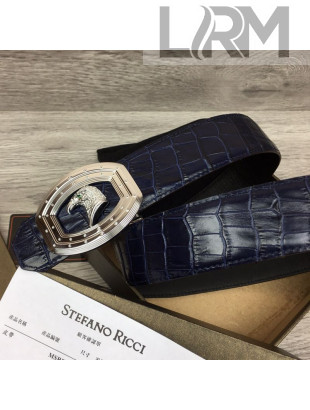 Stefano Ricci Crocodile-Like Calfskin Belt 3.8cm with Eagle Buckle Navy Blue/Silver 2021