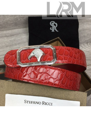 Stefano Ricci Crocodile-Like Calfskin Belt 3.5cm with Frame Eagle Buckle Red/Silver 2021