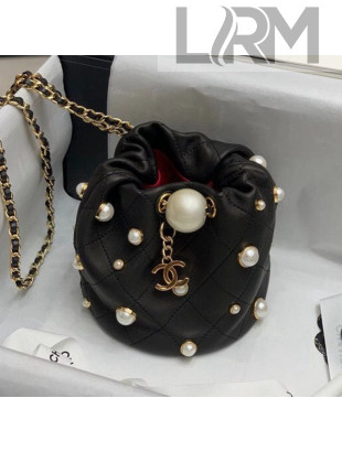 Chanel Quilted Lambskin Small Drawstring Bucket Bag with Pearl Charm Black/White 2020