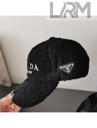 Prada Logo Shearling Baseball hat Black 2021 17