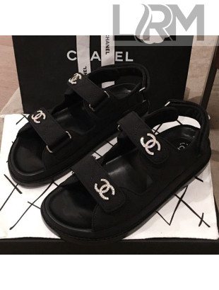 Chanel Canvas Strap Crystal CC Flat Sandals G3445 Black 2020