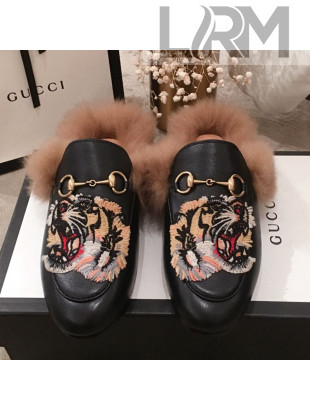 Gucci Princetown Tiger Embroidered Leather Fur Slippers Black 2019