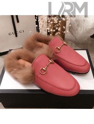 Gucci Princetown Horsebit Leather Fur Slippers Pink 2019