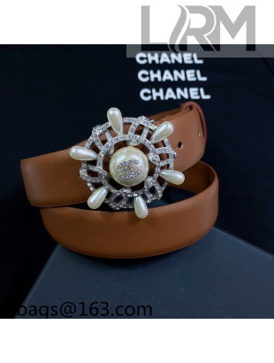 Chanel Calf Leather Belt 3cm with Circle Buckle Brown 2021 110835