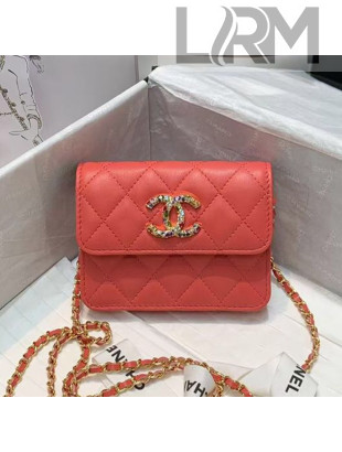 Chanel Quilted Lambskin Mini Wallet on Chain WOC with Colored Crystal CC Charm Coral Pink 2020