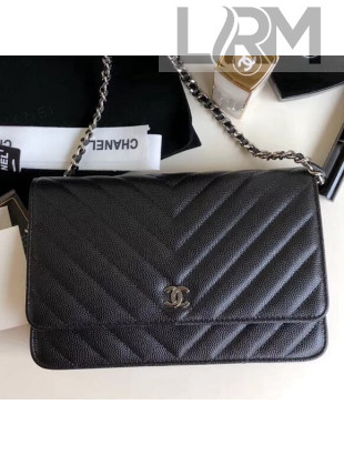 Chanel Chevron Grained Calfskin Wallet on Chain WOC Bag Black (Silver-tone Metal)