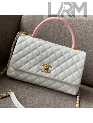 Chanel Grained Quilted Calfskin Coco Handle Flap Top Handle Bag White/Pink 2019