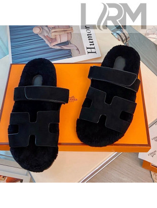 Hermes Chypre Wool and Nappa Leather Flat Sandals Black 2021