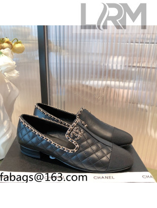 Chanel Chain Leather & Grosgrain Asymmetric Loafers Black 2021 03