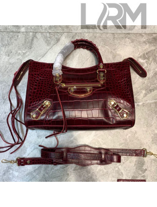 Balenciaga Classic City Small Bag in Shiny Crocodile Embossed Leather Burgundy 2021