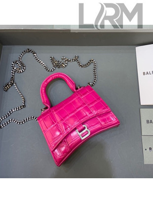 Balenciaga Hourglass Mini Nano Bag with Chain in Shiny Crocodile Calfskin Hot Pink 2022 664676