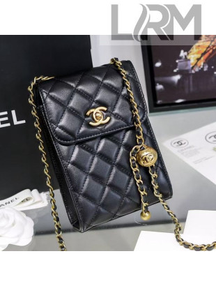 Chanel Quilted Lambskin Phone Holder with Chain and Metal Ball AP1448 Black 2020