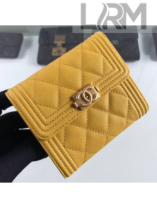 Chanel Quilted Grained Leather Small Boy Flap Wallet Yellow 2019