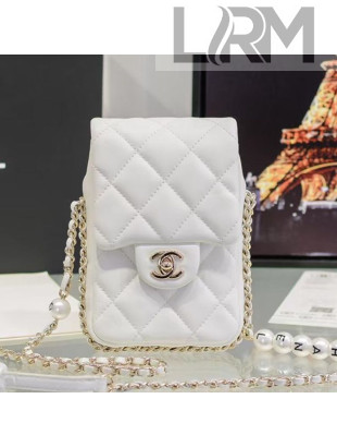 Chanel Quilted Lambskin Phone Holder with Chain and Pearl AP1624 White 2020