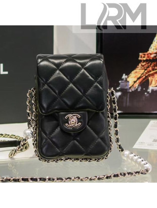 Chanel Quilted Lambskin Phone Holder with Chain and Pearl AP1624 Black 2020