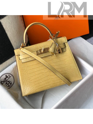 Hermes Kelly 25/28cm in Crocodile Embossed Calf Leather Light Yellow/Gold 2019 (Half Handmade)