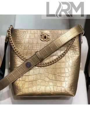 Chanel Crocodile Embossed Leather Bucket Bag with Button Side AS0666 Gold 2019