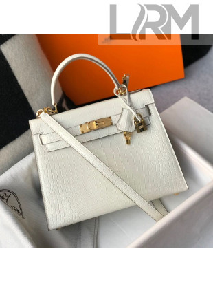 Hermes Kelly 25/28cm in Crocodile Embossed Calf Leather White/Gold 2019 (Half Handmade)