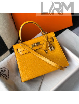 Hermes Kelly 25/28cm in Crocodile Embossed Calf Leather Amber Yellow/Gold 2019 (Half Handmade)