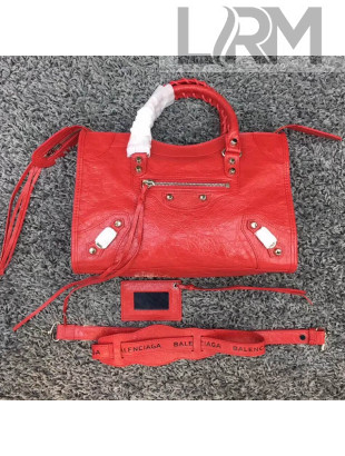 Balen...ga Crumpled Lambskin Small City Bag with Logo Strap Red 2018