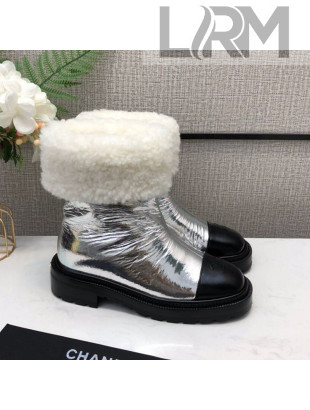 Chanel Crinkle Patent Leather Wool Short Boots 20102401 Silver 2020