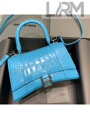 Balenciaga Hourglass Small Top Handle Bag in Shiny Crocodile Leather Azur Blue 2021