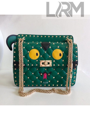 Valentino Monster Face Rockstud Spike Shoulder Bag Dark Green/Yellow 2019