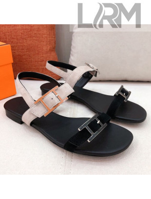 Hermes Cristal Suede Flat Sandals Grey/Black 2021