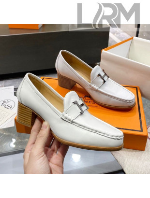 Hermes Paris Calfskin Loafers Pumps with H Buckle White 2020