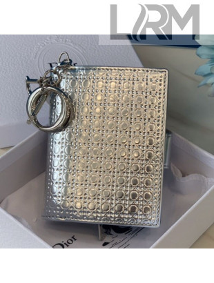 Dior Card Holder in Micro-Cannage Metallic Calfskin Silver