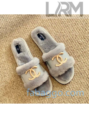 Chanel Wool Leather Flat Slide Sandals 02 Gray 2020