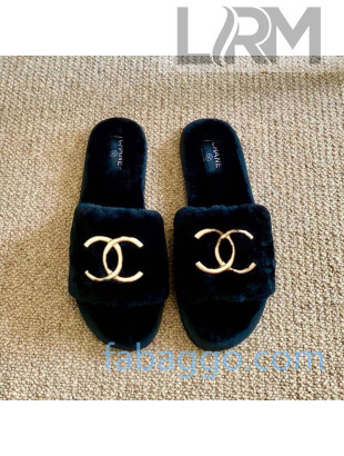 Chanel Wool Metal CC Flat Slide Sandals 05 Blue 2020