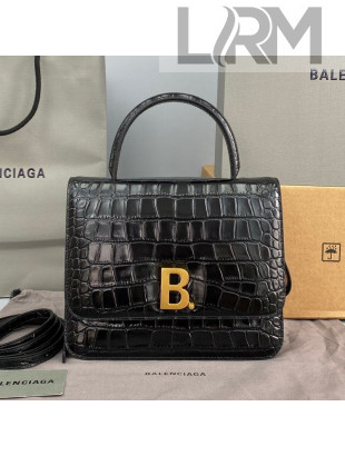 Balenciaga B. Small Top Handle Bag in Crocodile Embossed Leather 92952 Black 2021