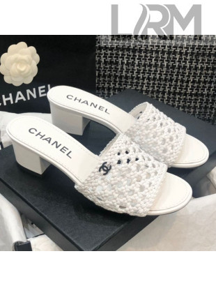 Chanel Shiny Braided Goatskin Heel Slide Sandals G37405 White 2021