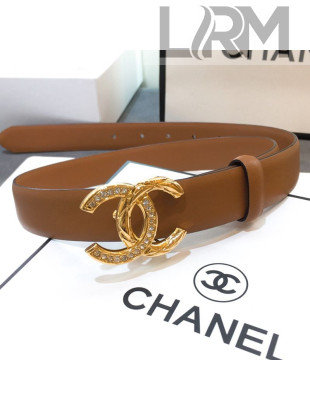 Chanel Smooth Calfskin Belt 25mm with Crystal Metal CC Buckle Brown 2019