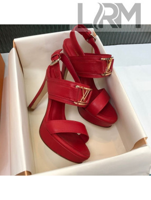 Louis Vuitton Horizon Grained Calfskin Square LV Platform Sandal 100MM Red 2020