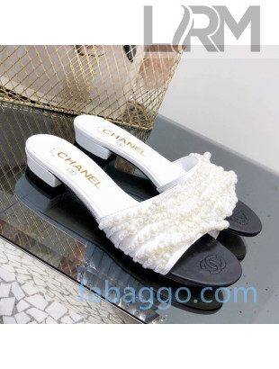 Chanel Lambskin Pearl Bead Charm Slide Sandals White 2020